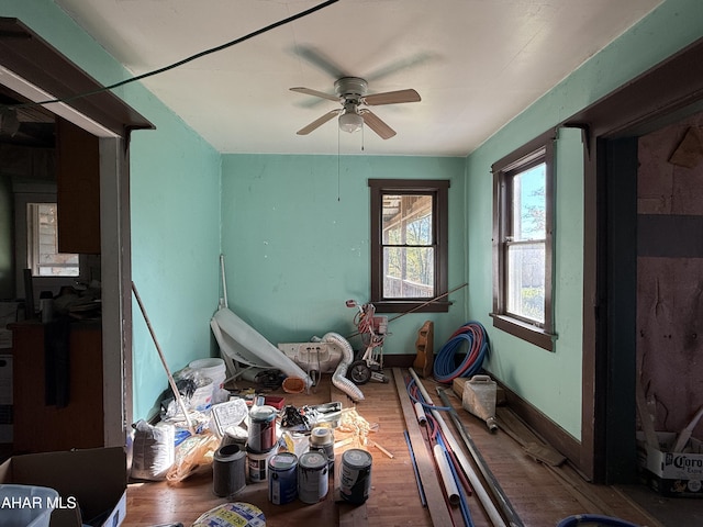 miscellaneous room with ceiling fan and wood-type flooring