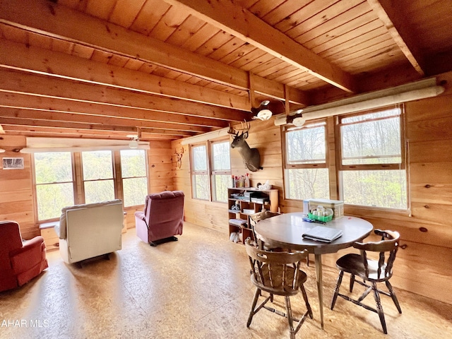 dining room with beamed ceiling, wood ceiling, and wood walls