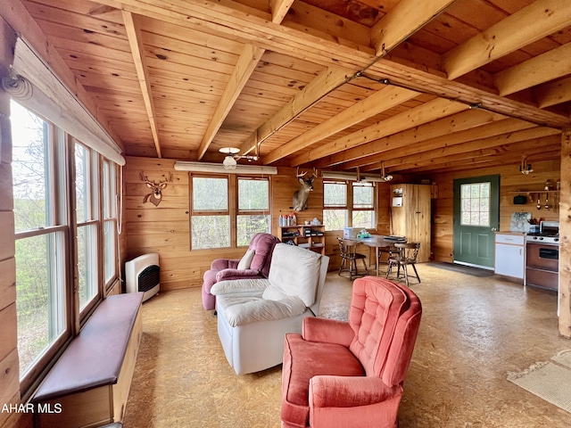 living room featuring wood ceiling, heating unit, wooden walls, and a healthy amount of sunlight