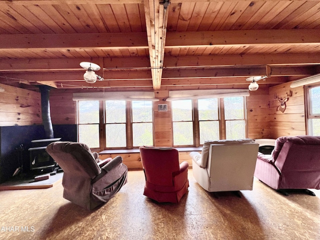 living room featuring wood walls, a wood stove, beam ceiling, and wood ceiling