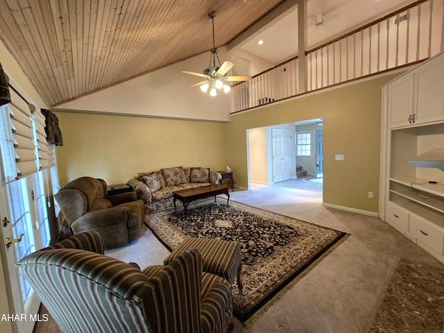 216 Red Fox Dr, Duncansville, PA 16635 - living room with light carpet, ceiling fan, high vaulted ceiling, and baseboards