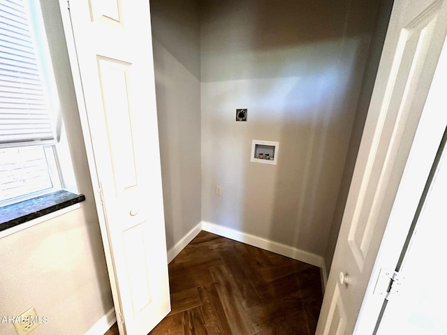 laundry area with hookup for an electric dryer, dark parquet flooring, and washer hookup