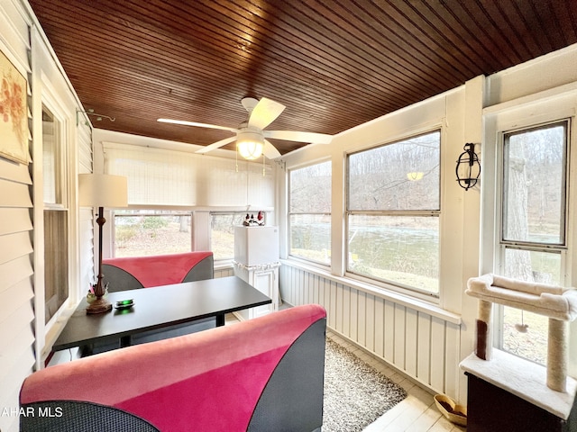 sunroom / solarium featuring ceiling fan and wood ceiling