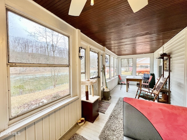 sunroom featuring ceiling fan and wood ceiling