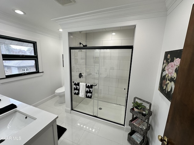 705 Clark St, Hollidaysburg, PA 16648 - full bath featuring ornamental molding, vanity, a stall shower, tile patterned floors, and recessed lighting