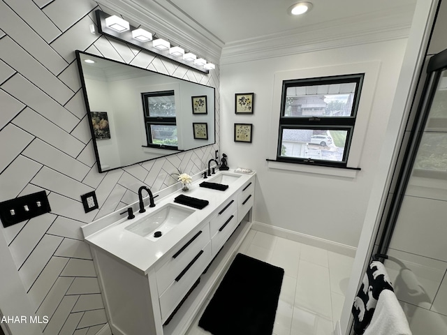 705 Clark St, Hollidaysburg, PA 16648 - bathroom with double vanity, ornamental molding, tile patterned flooring, and backsplash