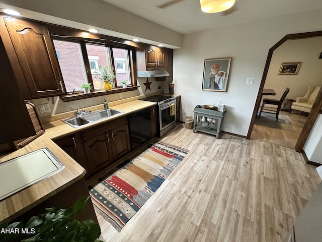 705 Clark St, Hollidaysburg, PA 16648 - kitchen with black dishwasher, under cabinet range hood, stainless steel range with electric stovetop, light wood finished floors, and dark brown cabinetry