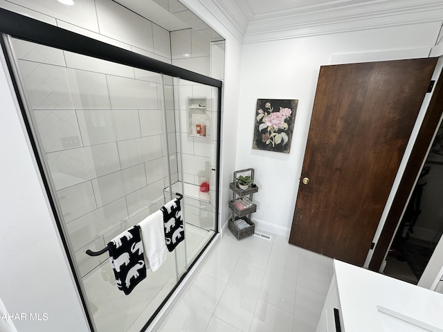 705 Clark St, Hollidaysburg, PA 16648 - bathroom with crown molding, a stall shower, tile patterned floors, and vanity