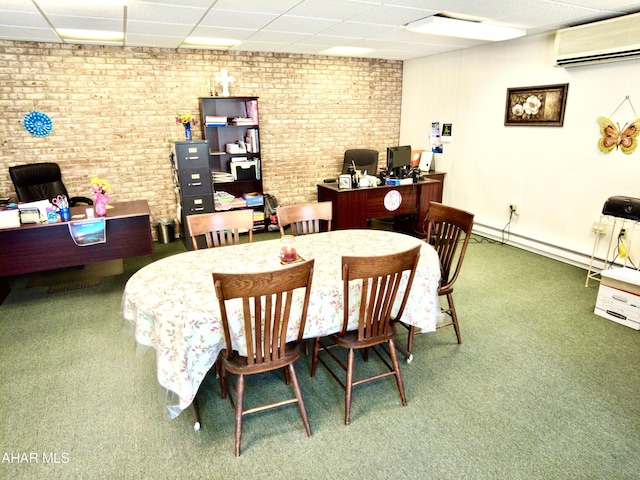 9510 Lincoln Hwy, Bedford, PA 15522 - carpeted dining area featuring a wall mounted air conditioner, brick wall, a paneled ceiling, a desk, and baseboard heating