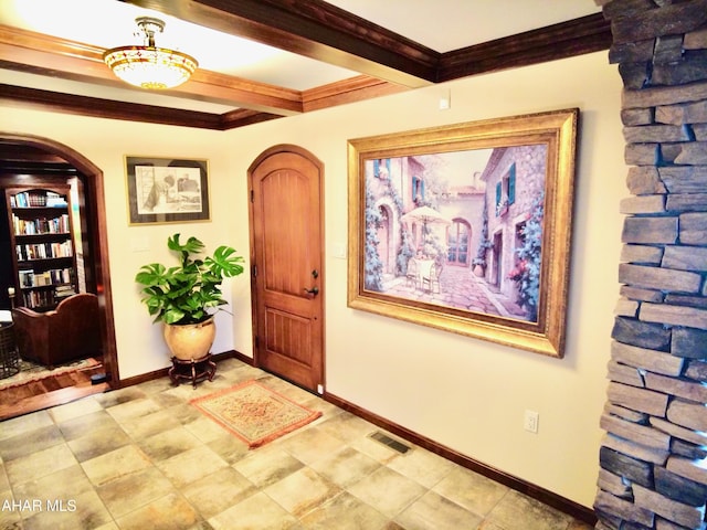 9510 Lincoln Hwy, Bedford, PA 15522 - foyer with arched walkways, ornamental molding, and beamed ceiling