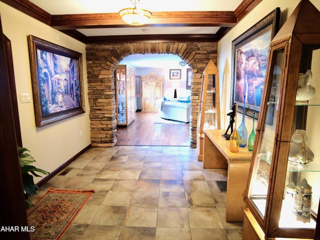 9510 Lincoln Hwy, Bedford, PA 15522 - hallway featuring arched walkways, beamed ceiling, and crown molding