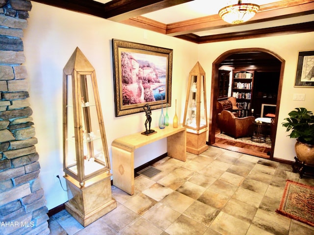 9510 Lincoln Hwy, Bedford, PA 15522 - hall with beam ceiling, arched walkways, crown molding, and built in features