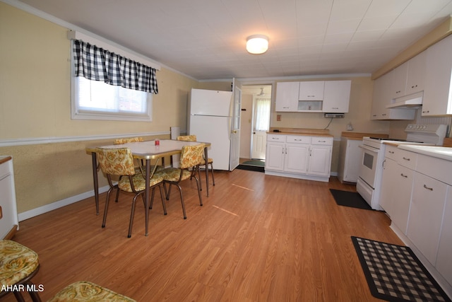 kitchen with white cabinetry, white appliances, crown molding, and light hardwood / wood-style flooring