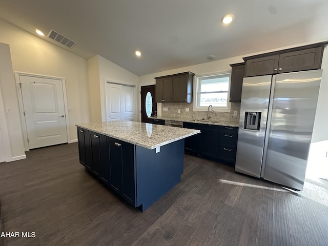 111 Red Tail Cir, Duncansville, PA 16635 - kitchen featuring visible vents, a kitchen island, dark wood finished floors, lofted ceiling, and stainless steel refrigerator with ice dispenser