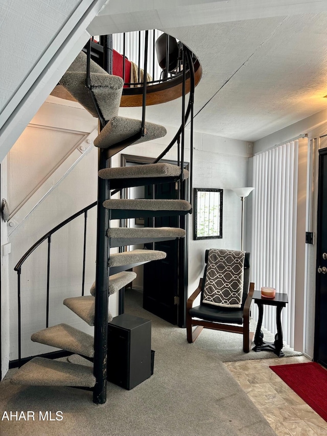 stairway featuring carpet flooring