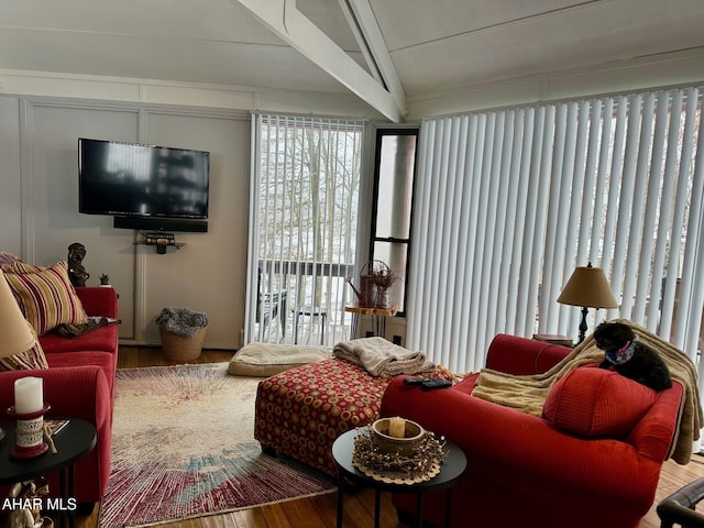 living room featuring vaulted ceiling and hardwood / wood-style flooring