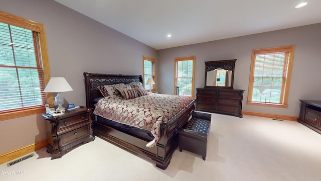 bedroom featuring carpet floors, baseboards, and recessed lighting