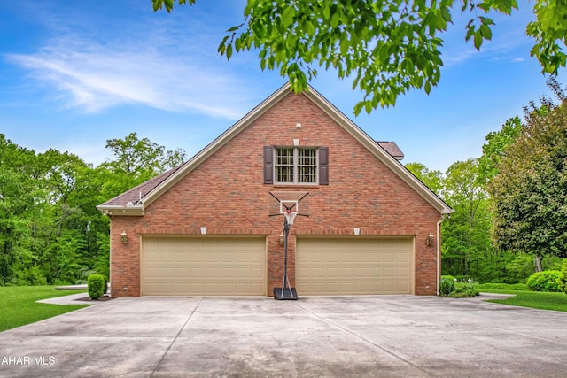 view of property exterior with driveway, an attached garage, and brick siding