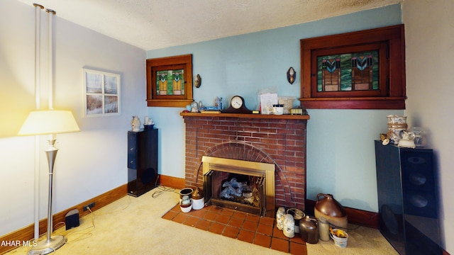 carpeted living room with a fireplace and a textured ceiling