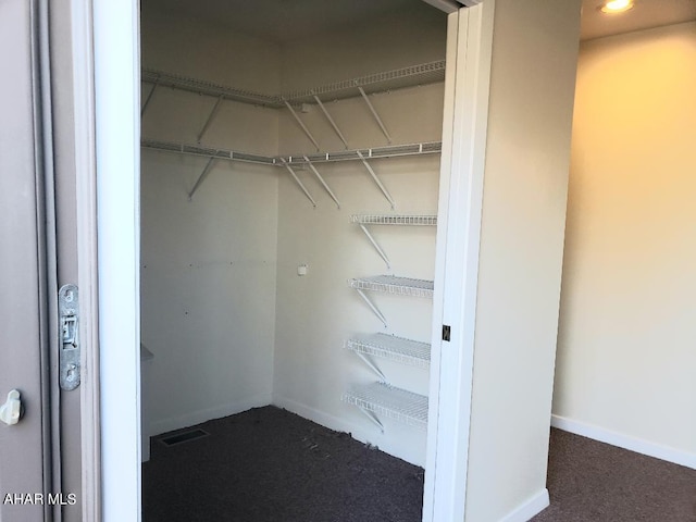 spacious closet with dark colored carpet