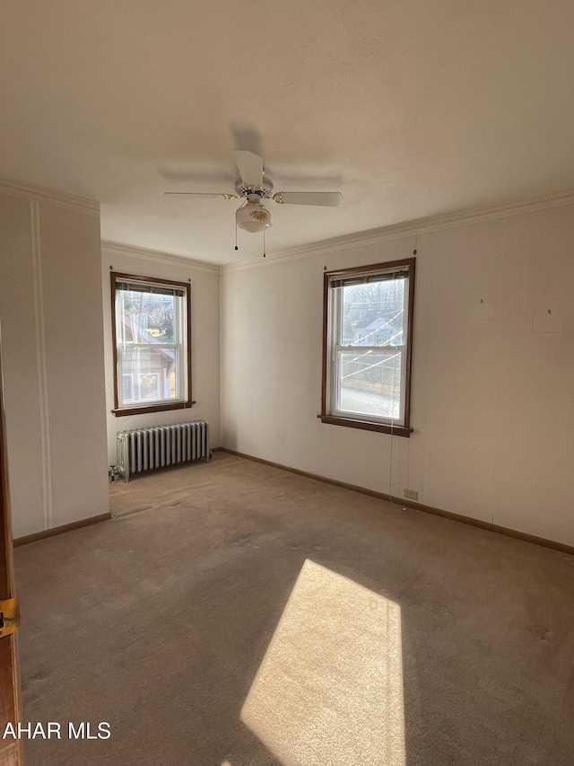 unfurnished room featuring radiator, a wealth of natural light, and light colored carpet