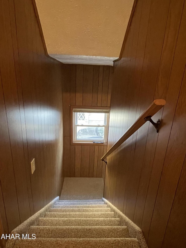 staircase with wood walls and carpet floors