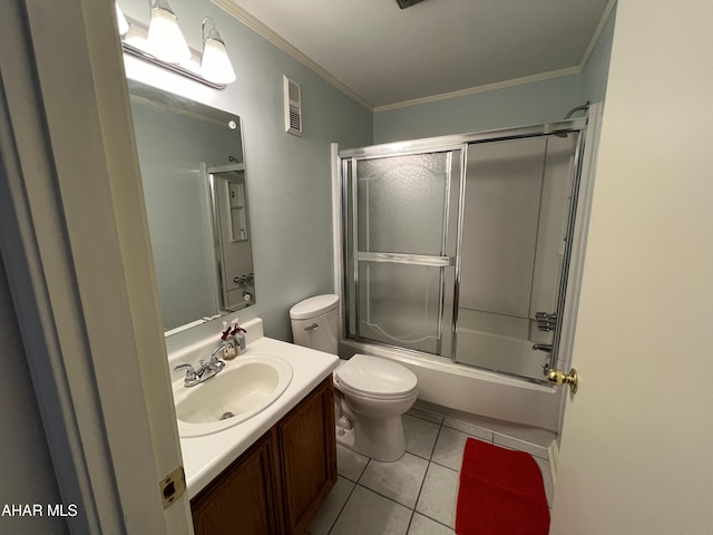 143 E Valley Point Ln, Claysburg, PA 16625 - full bathroom featuring vanity, tile patterned floors, combined bath / shower with glass door, crown molding, and toilet