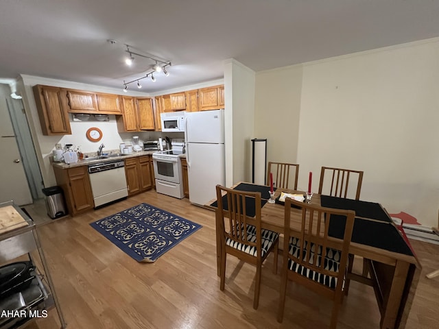 143 E Valley Point Ln, Claysburg, PA 16625 - kitchen with white appliances, light hardwood / wood-style floors, crown molding, and sink