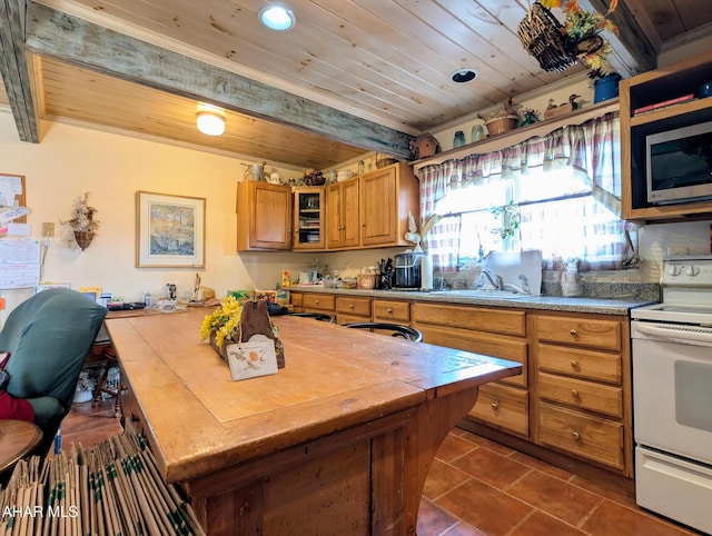 kitchen featuring sink, dark tile patterned floors, beam ceiling, white electric range oven, and wooden ceiling