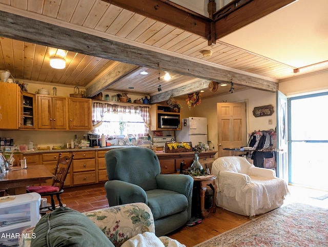 living room with wooden ceiling and beam ceiling