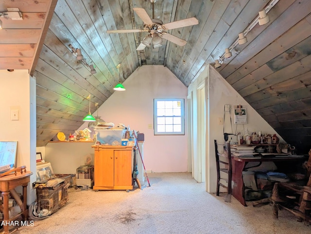 additional living space with lofted ceiling, wood ceiling, and light colored carpet