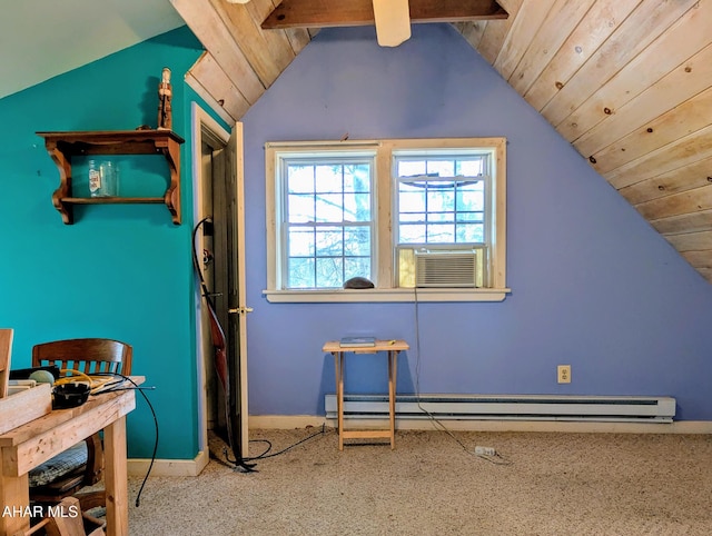 additional living space with cooling unit, a baseboard heating unit, wood ceiling, and vaulted ceiling with beams