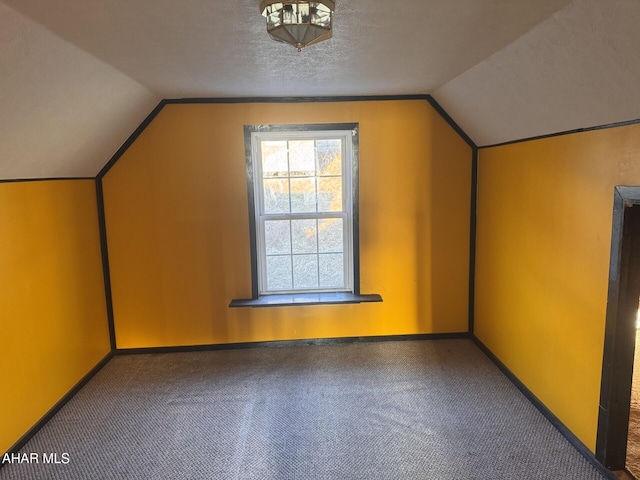 bonus room featuring a textured ceiling, lofted ceiling, and carpet