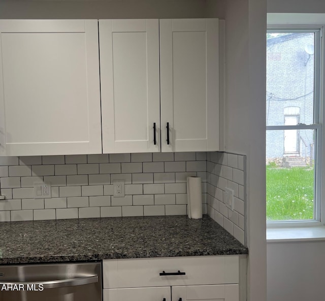 2306 5th Ave, Altoona, PA 16602 - kitchen featuring dishwasher, white cabinets, backsplash, and dark stone countertops