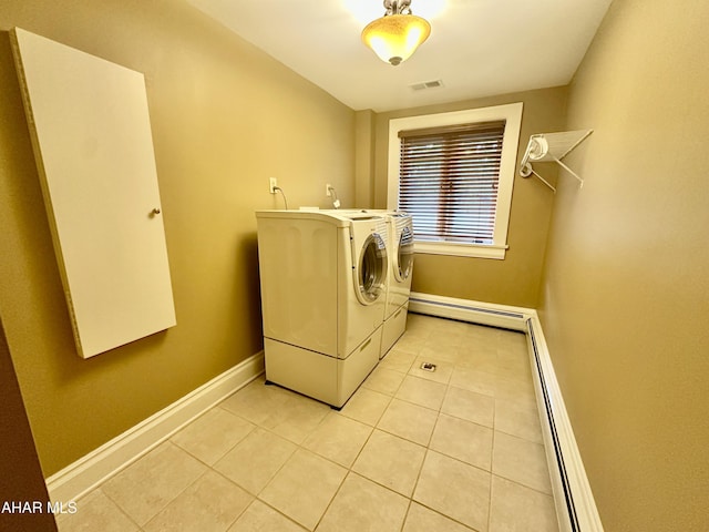 3405 Crescent Rd, Altoona, PA 16602 - washroom featuring washing machine and dryer, a baseboard radiator, light tile patterned flooring, and baseboards