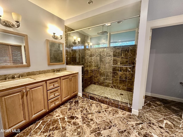 3405 Crescent Rd, Altoona, PA 16602 - bathroom featuring a stall shower, double vanity, and baseboards