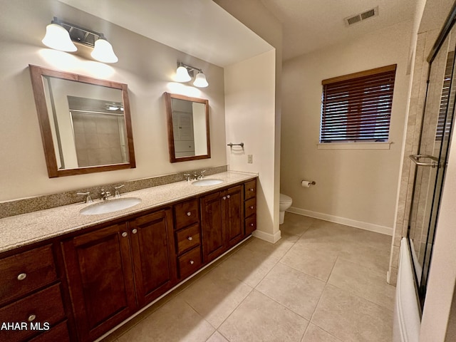 3405 Crescent Rd, Altoona, PA 16602 - full bathroom with tile patterned floors, a shower with shower door, double vanity, toilet, and baseboards