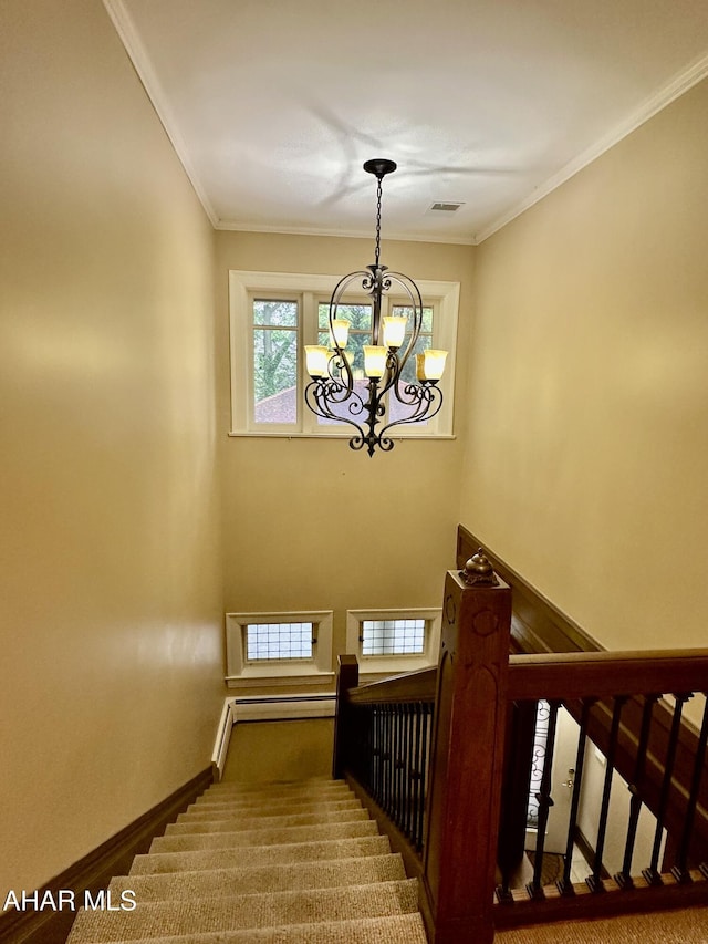 3405 Crescent Rd, Altoona, PA 16602 - staircase with a chandelier, baseboards, and ornamental molding