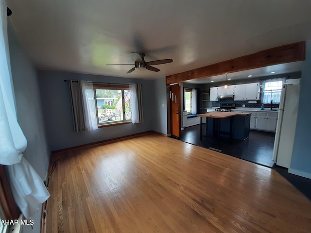 735 N Julian St, Ebensburg, PA 15931 - unfurnished living room with ceiling fan, dark wood finished floors, a sink, and baseboards