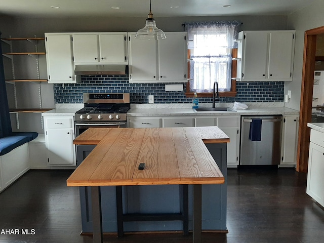 735 N Julian St, Ebensburg, PA 15931 - kitchen featuring a sink, stainless steel dishwasher, light countertops, range hood, and white cabinetry