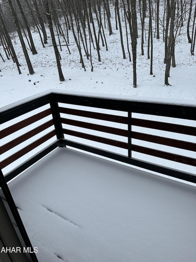 view of snow covered back of property