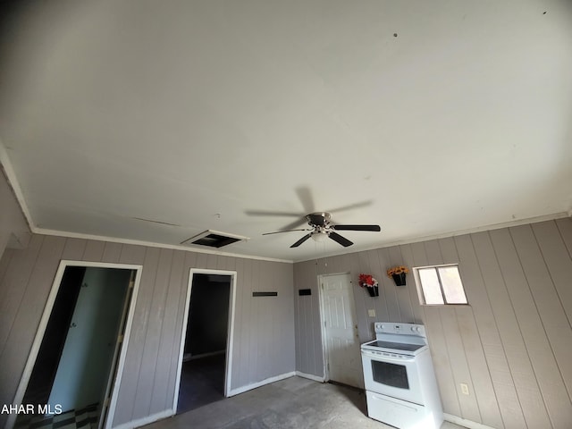 kitchen featuring ceiling fan, ornamental molding, concrete floors, and white electric range oven