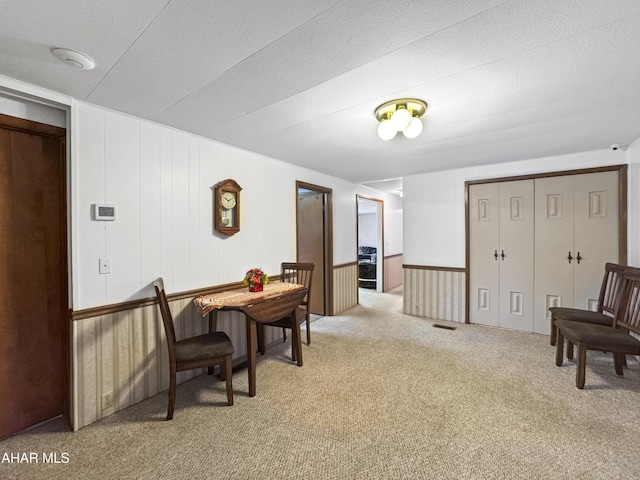 interior space with carpet, a textured ceiling, and wooden walls