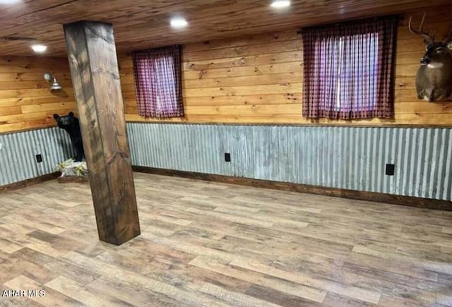 interior space with wood-type flooring, wooden ceiling, and wooden walls