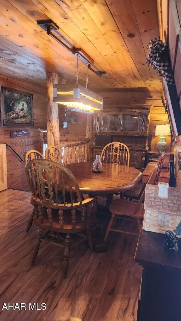 dining area featuring hardwood / wood-style floors and wood ceiling