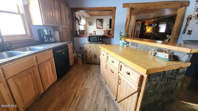 kitchen with sink, dishwasher, and light hardwood / wood-style floors