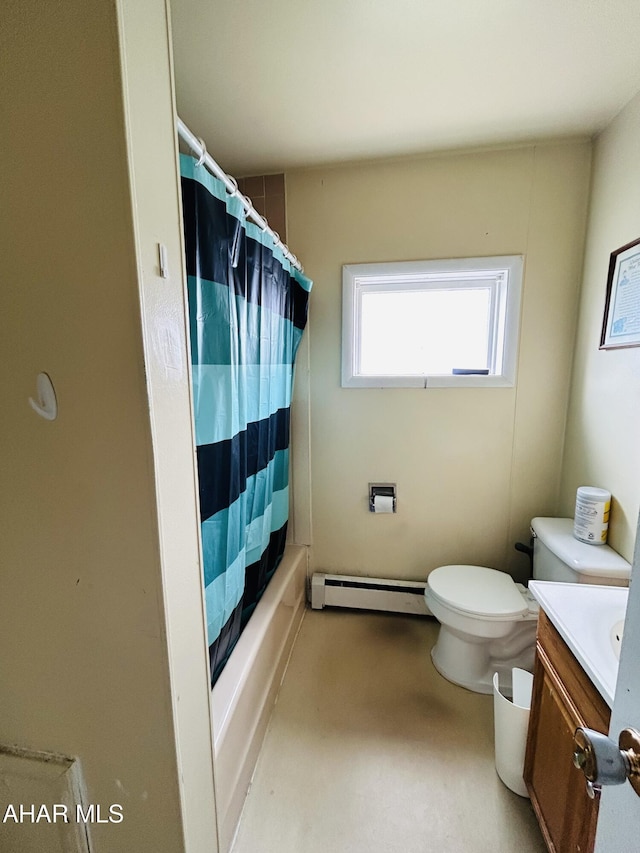 full bathroom with baseboard heating, toilet, vanity, and shower / bathtub combination with curtain
