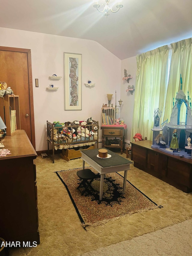 14 W 2nd St, Everett, PA 15537 - living room featuring carpet and vaulted ceiling