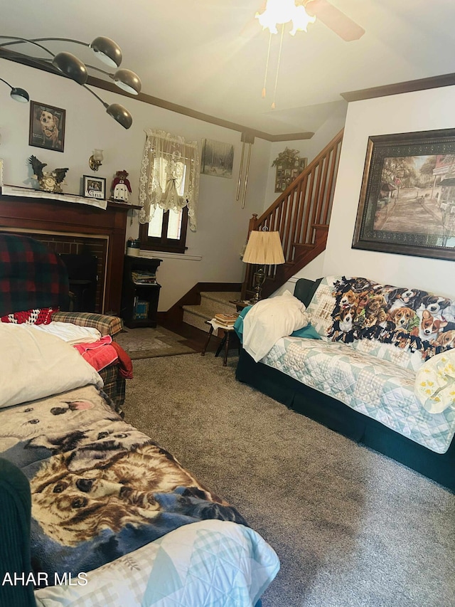 14 W 2nd St, Everett, PA 15537 - carpeted living room featuring stairs and ceiling fan