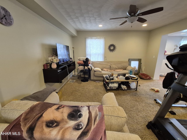 living room with ceiling fan, carpet flooring, and recessed lighting